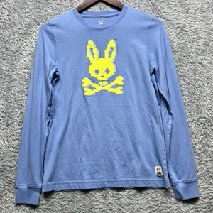 Psycho Bunny T-Shirt Mens XXS Blue Yellow Pixalated Crossbones Logo Pima